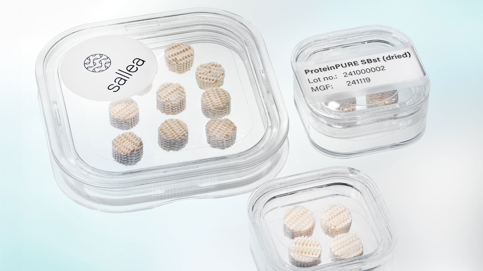 Proben von biobasierten Materialwürfeln in transparenten Laborbehältern mit sallea-Logo