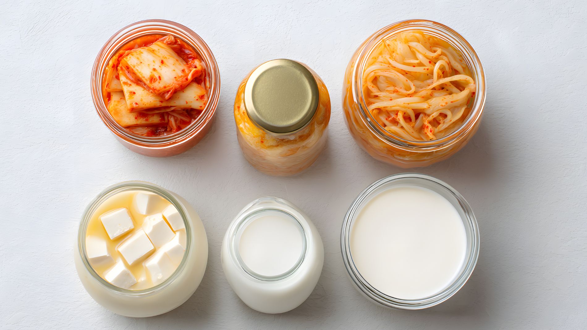 Verschiedene fermentierte Lebensmittel wie Kimchi, Sauerkraut, Tofu und Joghurt in Glasbehältern