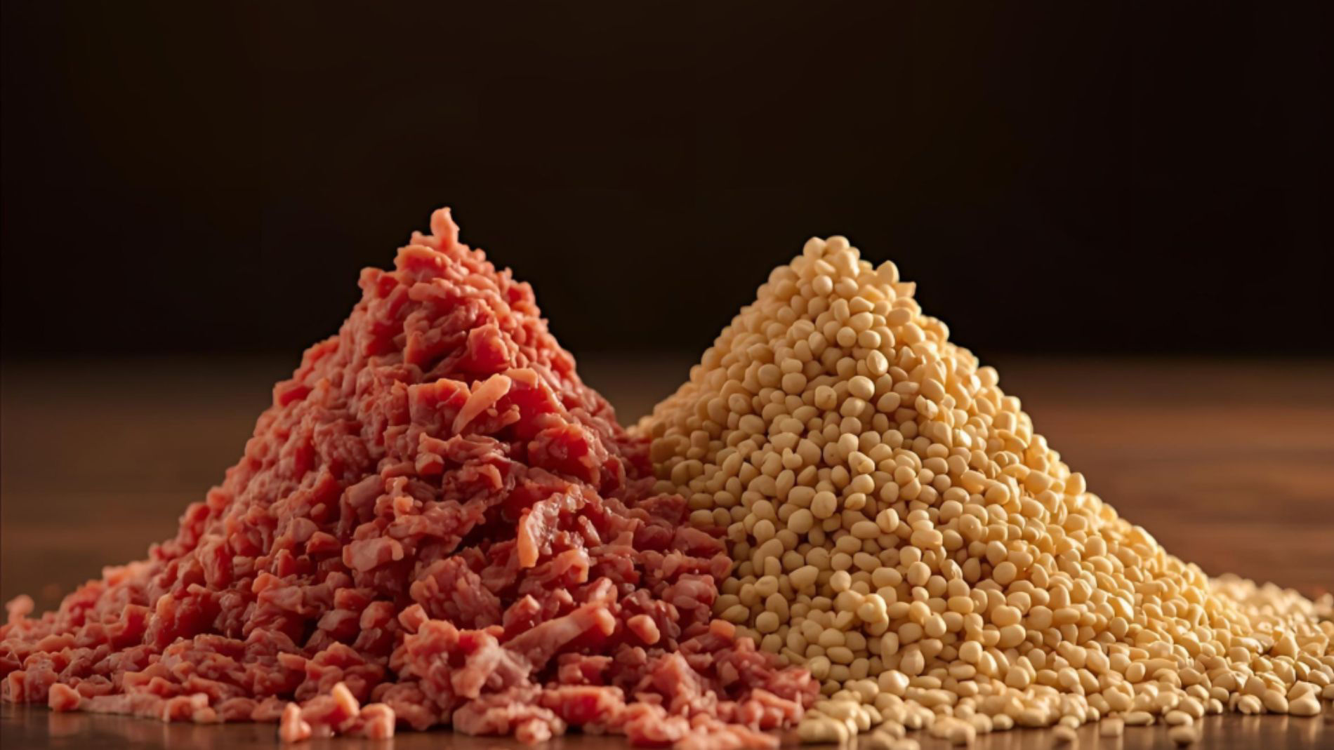 Vergleich von tierischem Hackfleisch und pflanzlichen Sojaprotein-Kügelchen als Alternative in der nachhaltigen Ernährung.