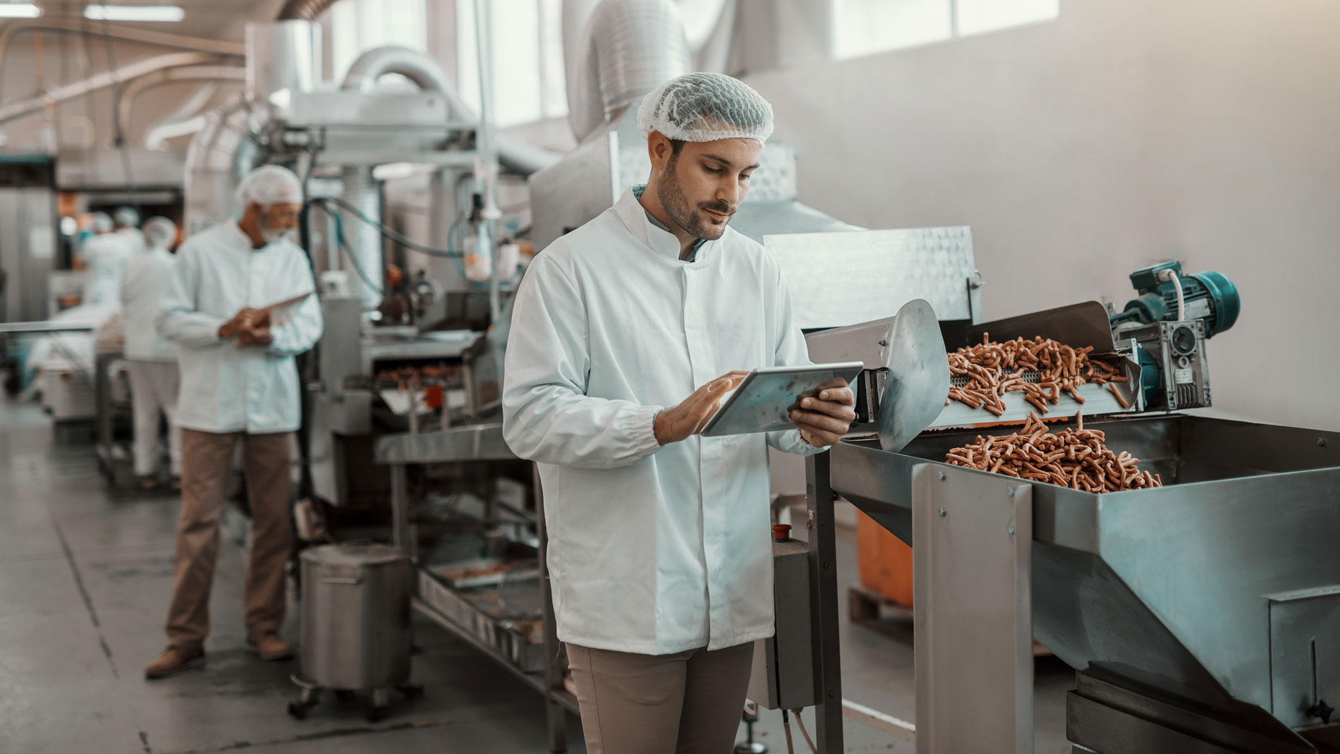 Employee in food production checking processing workflow using a tablet
