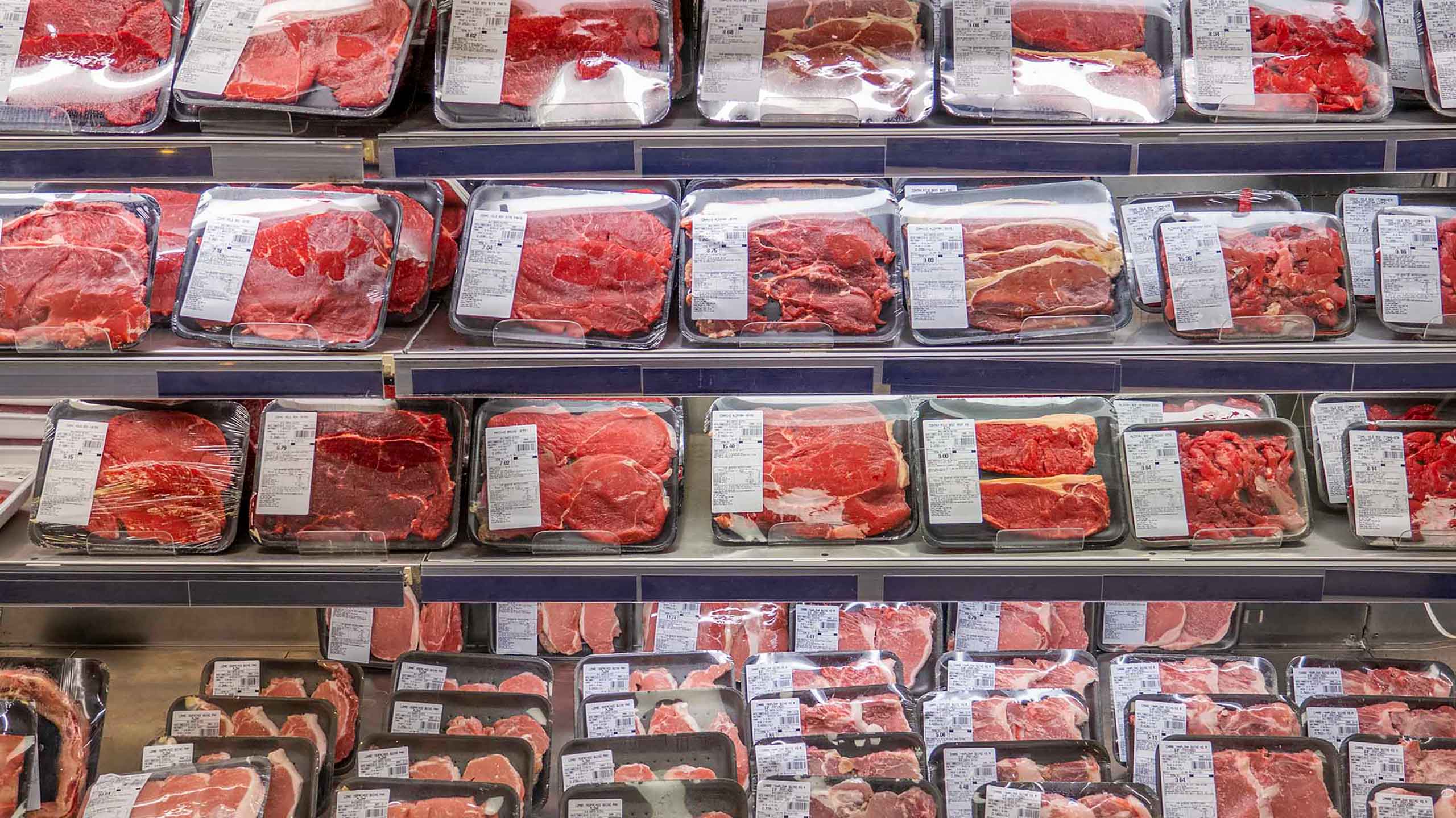 Frisch verpacktes Fleisch in Kühltheke eines Supermarkts