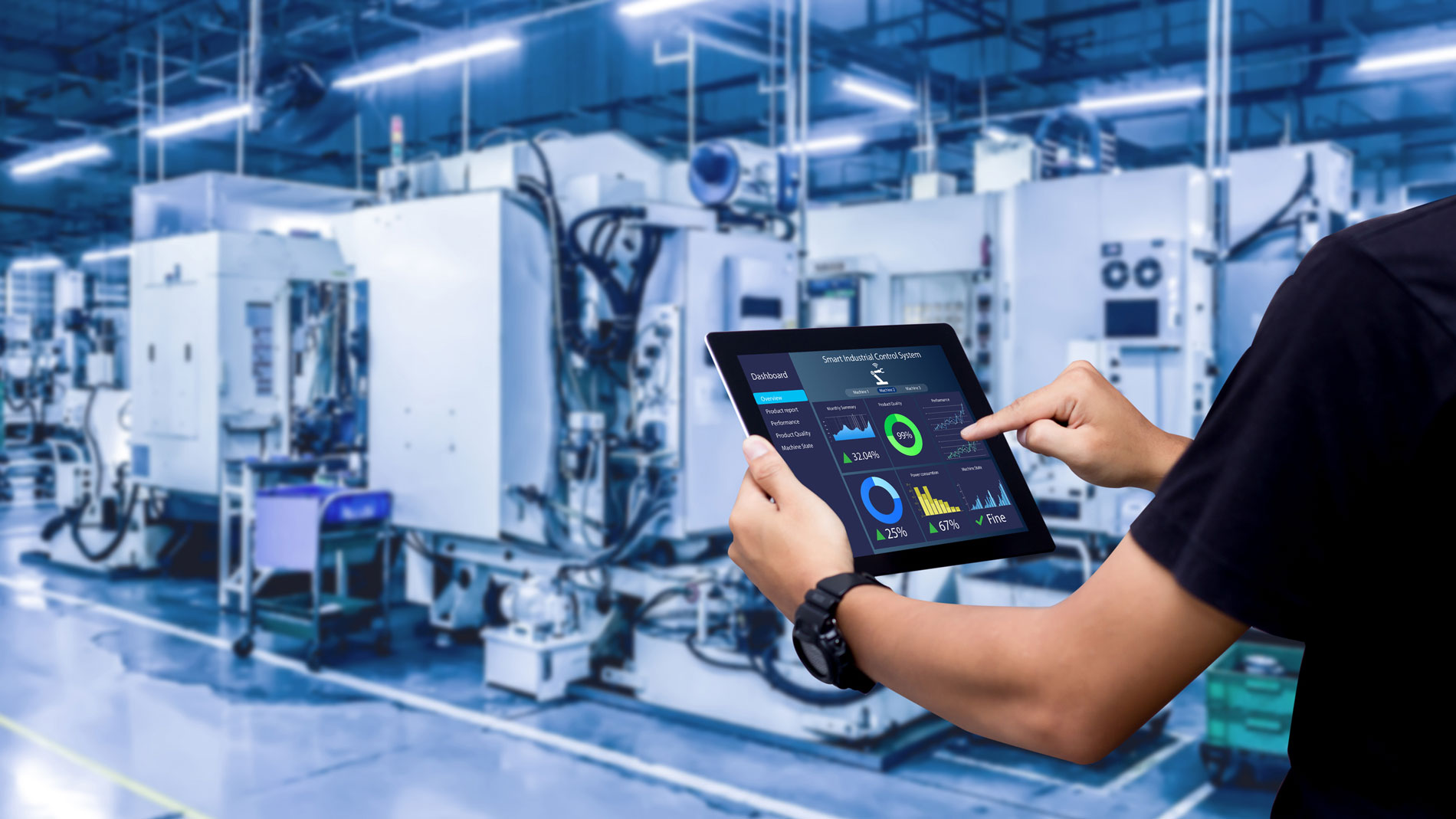 Digital dashboard on tablet controlling a smart factory