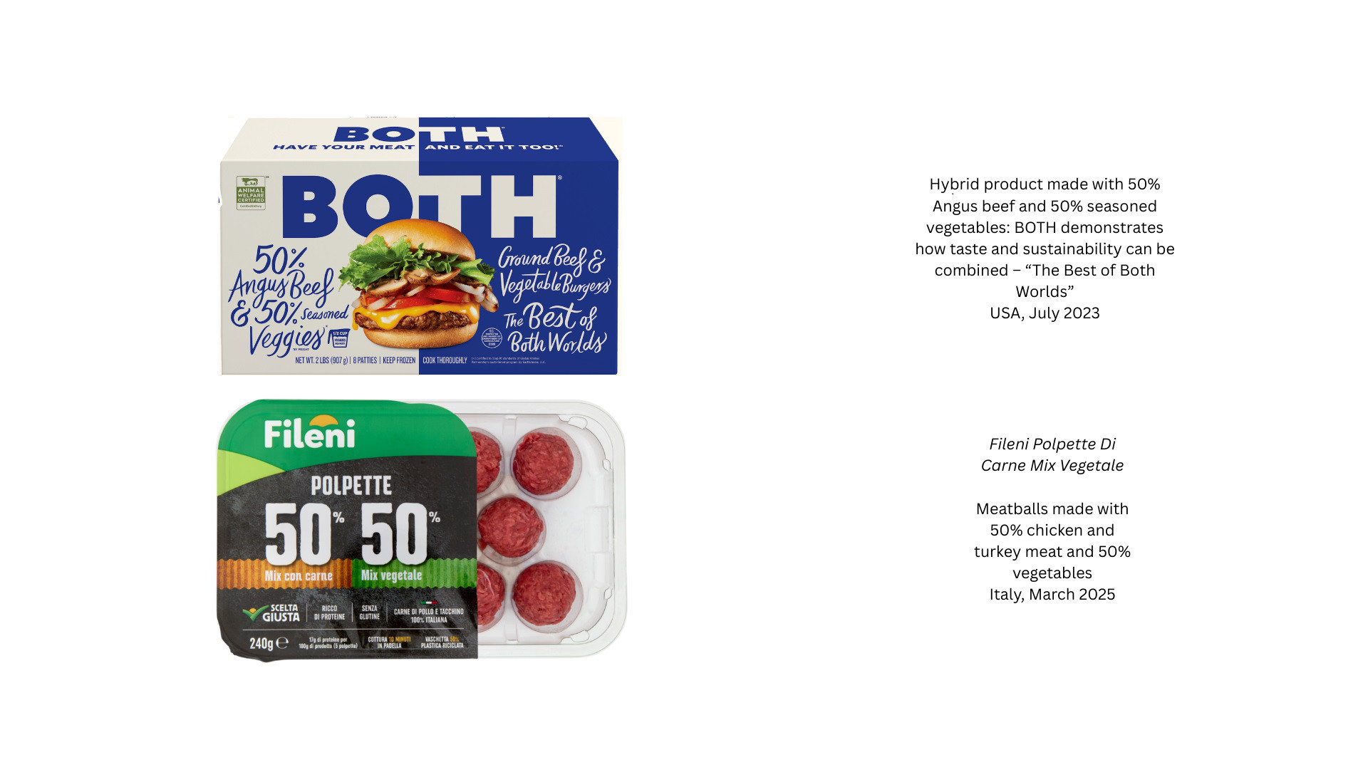 Examples of 50/50 hybrid meat products in retail