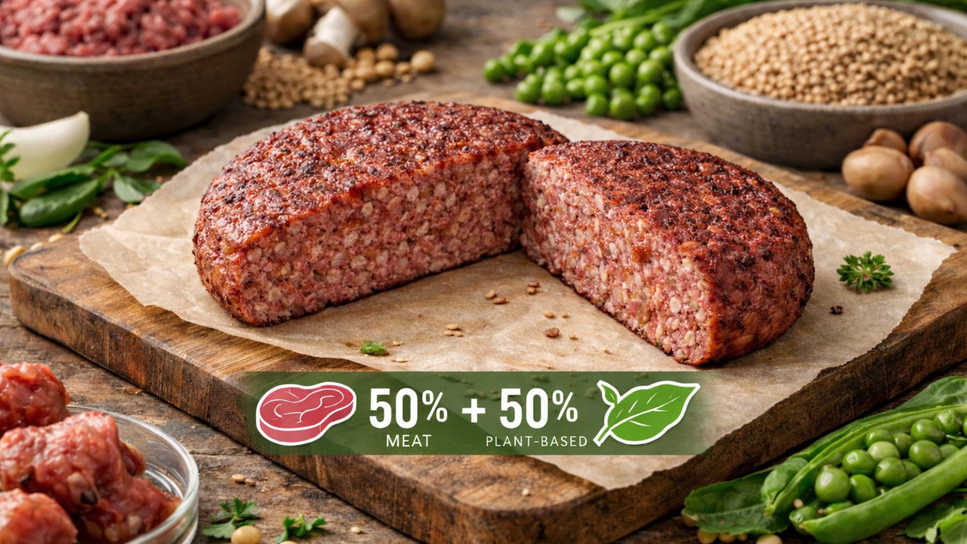 Hybrid patty made of 50% meat and 50% plant-based ingredients