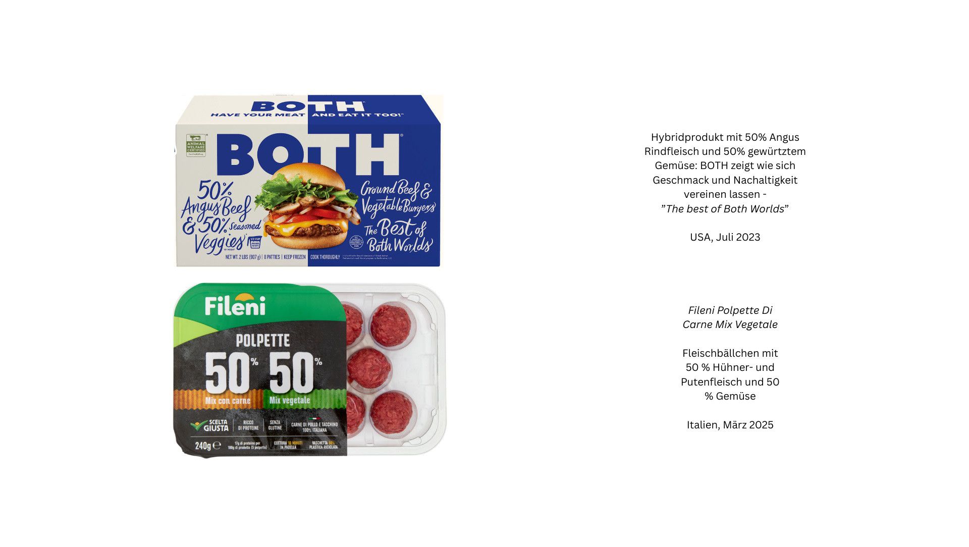 Beispiele für 50/50 Hybridfleisch-Produkte im Handel