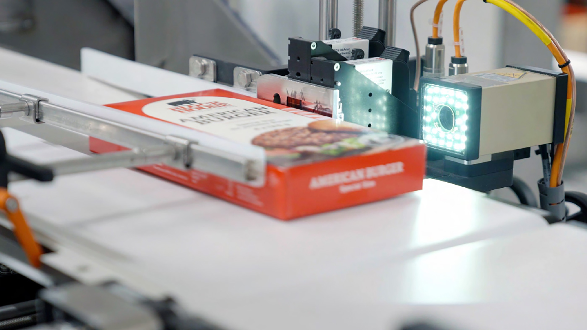 Packaged product moving on conveyor with scanner