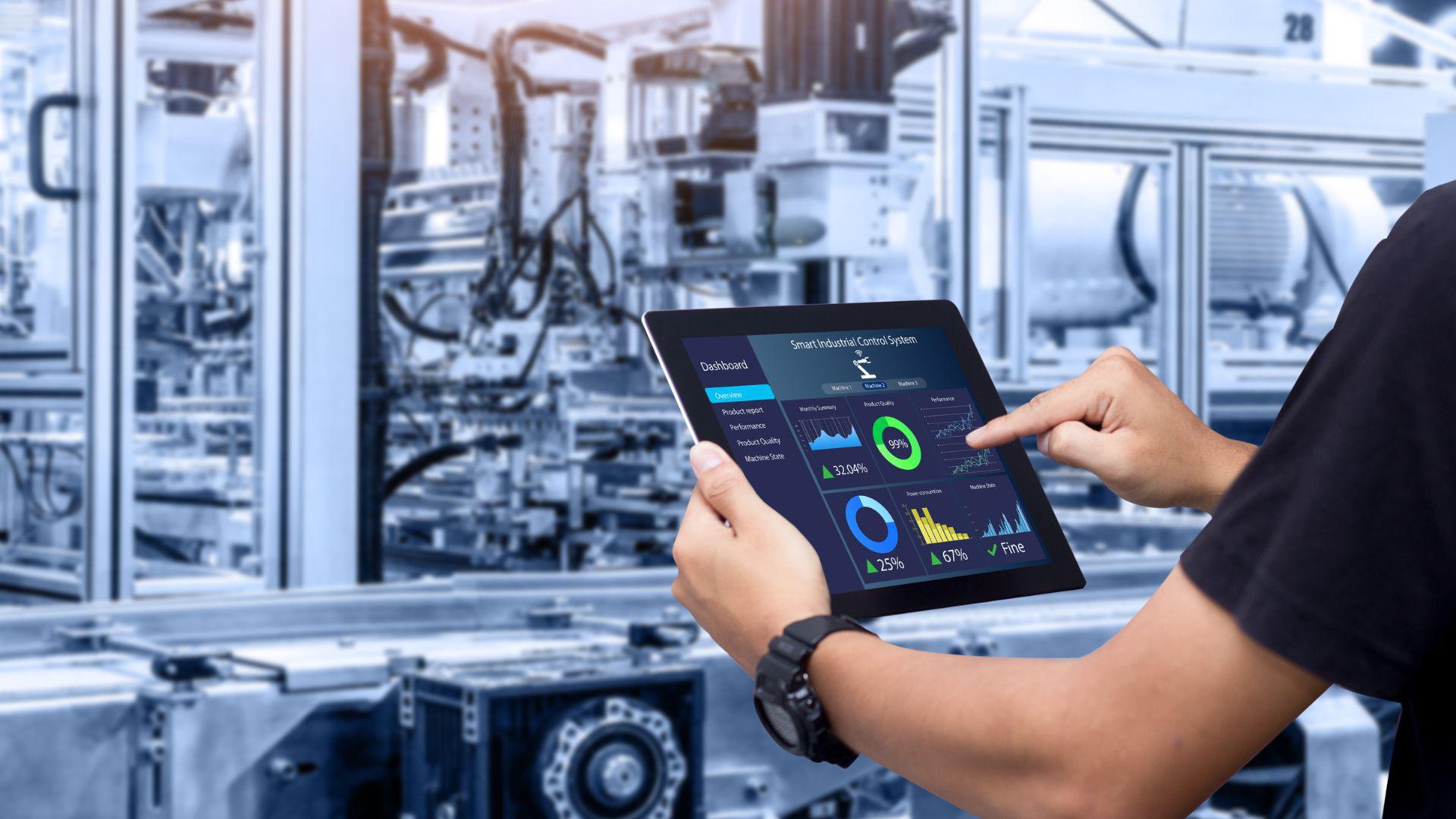 Technician controls production line using tablet
