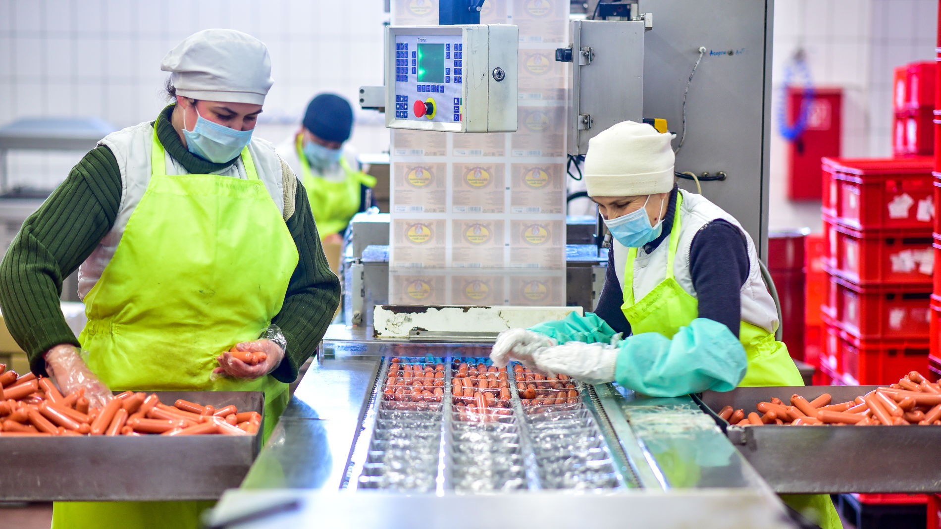 Two workers package sausages in factory
