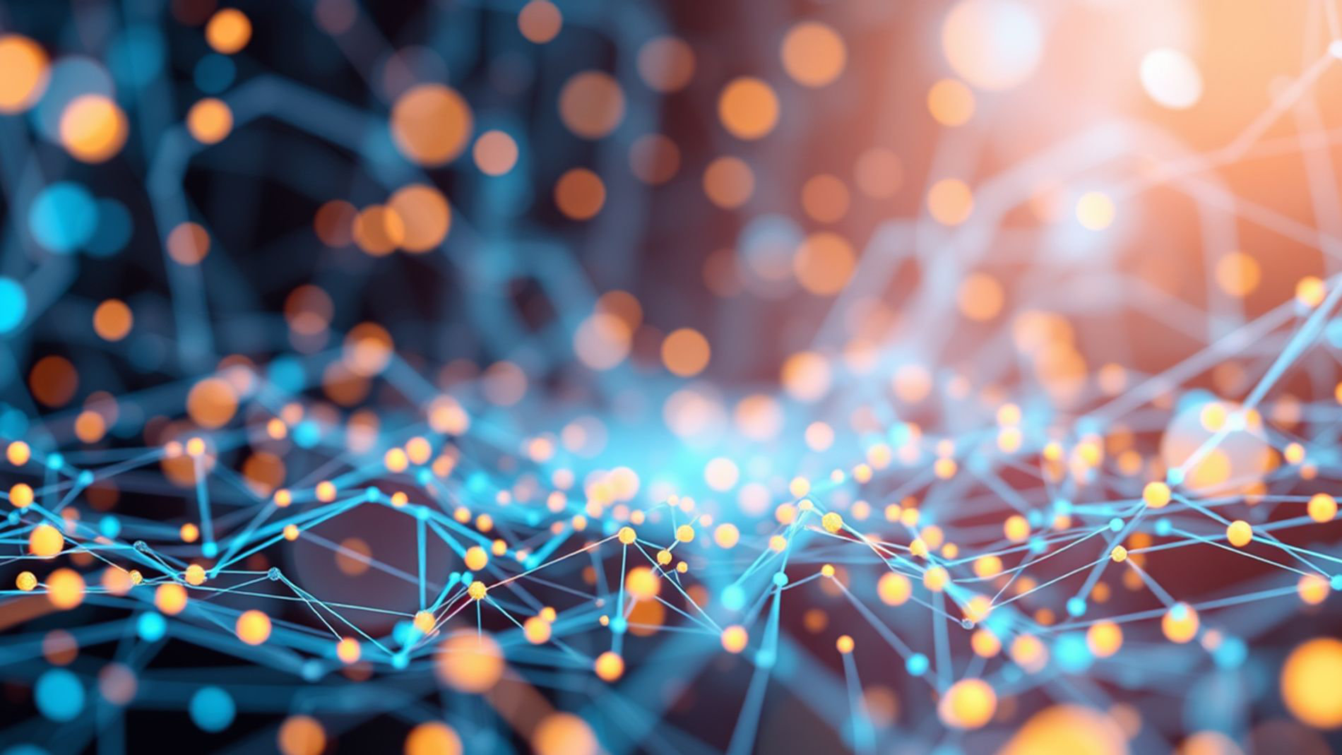 Abstract network of glowing blue and orange dots and lines