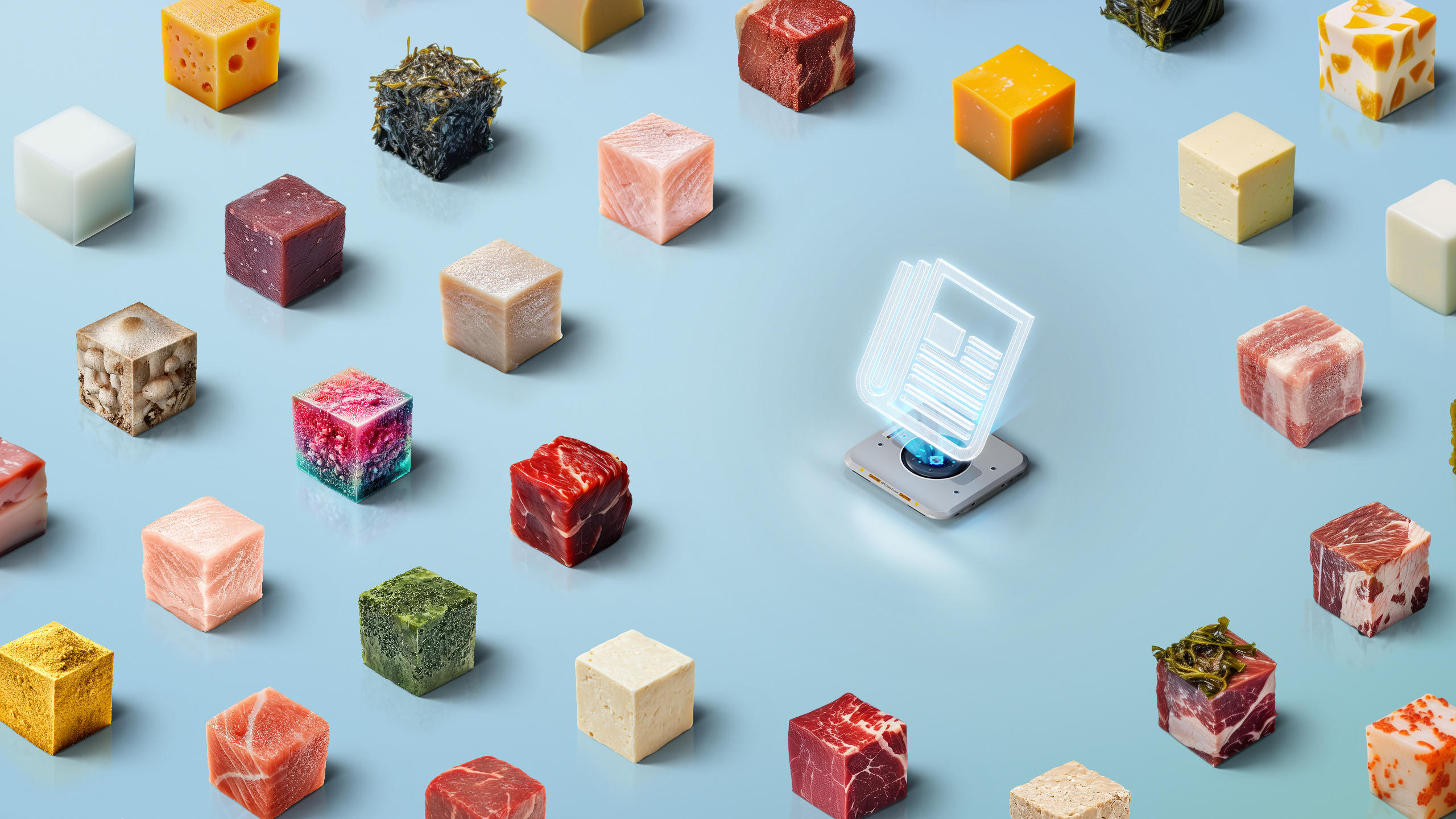 Various foods in square form with symbol