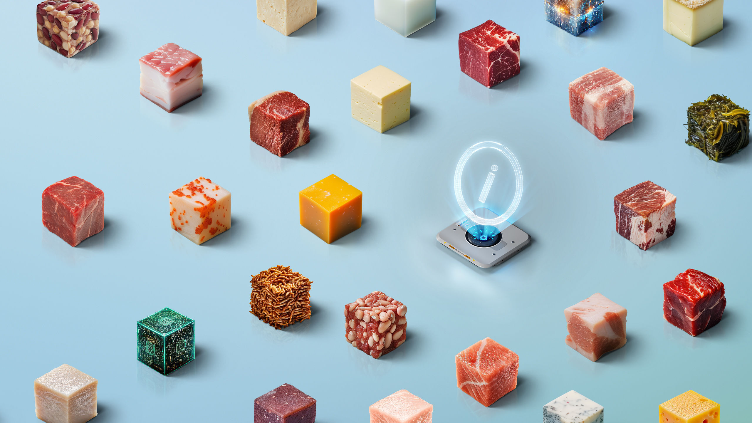 Various foods in square form with symbol