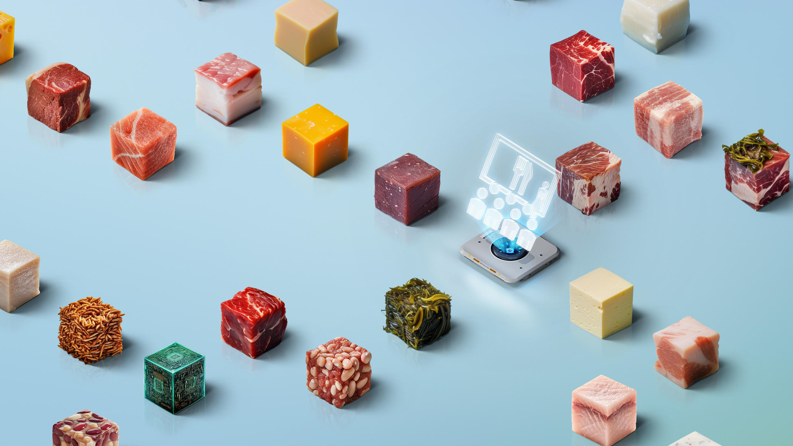 Verschiedene Lebensmittel in Quadratform mit Symbol