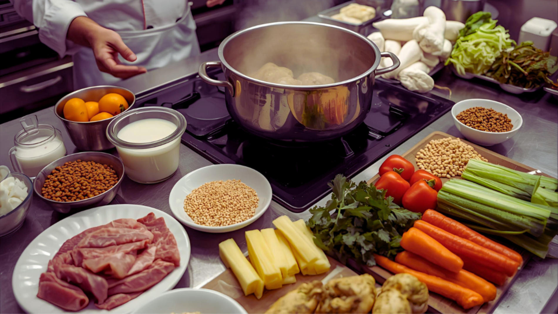 Chef preparing a meal with fresh ingredients such as vegetables, meat, dairy products and legumes in a professional kitchen.